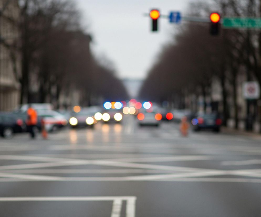 Rozmyte zdjęcie ukazuje ulicę miejską z widocznym asfaltowym jezdnią i białymi liniami poziomymi. W oddali, po obu stronach ulicy, zarysowują się budynki i rzędy drzew bez liści, a na horyzoncie widoczne jest jasne, zachmurzone niebo. Na środku ulicy, w tle, widoczne są rozmyte światła samochodów: przednie światła w kolorze żółtym i niebieskie oraz czerwone światła sygnalizacyjne, co wskazuje na ruch drogowy. W górnej części kadru, na wysokości rozmytych drzew, znajdują się dwa sygnalizatory świetlne świecące na czerwono oraz znak drogowy w kolorze zielonym.