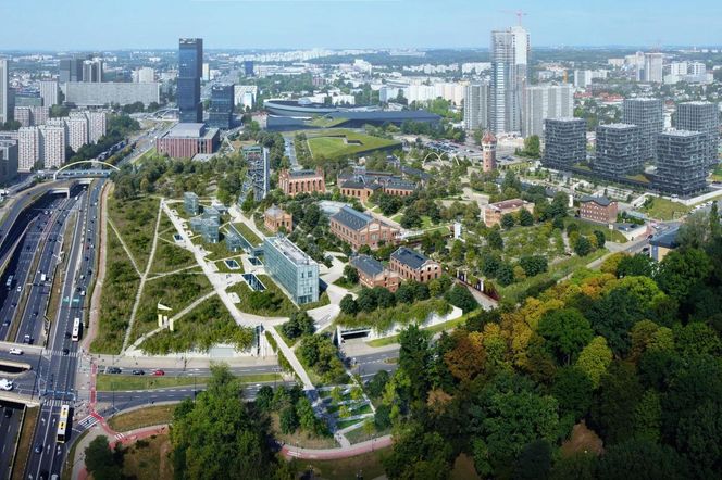 Fotokolaż - park wokół Muzeum Śląskiego w Katowicach