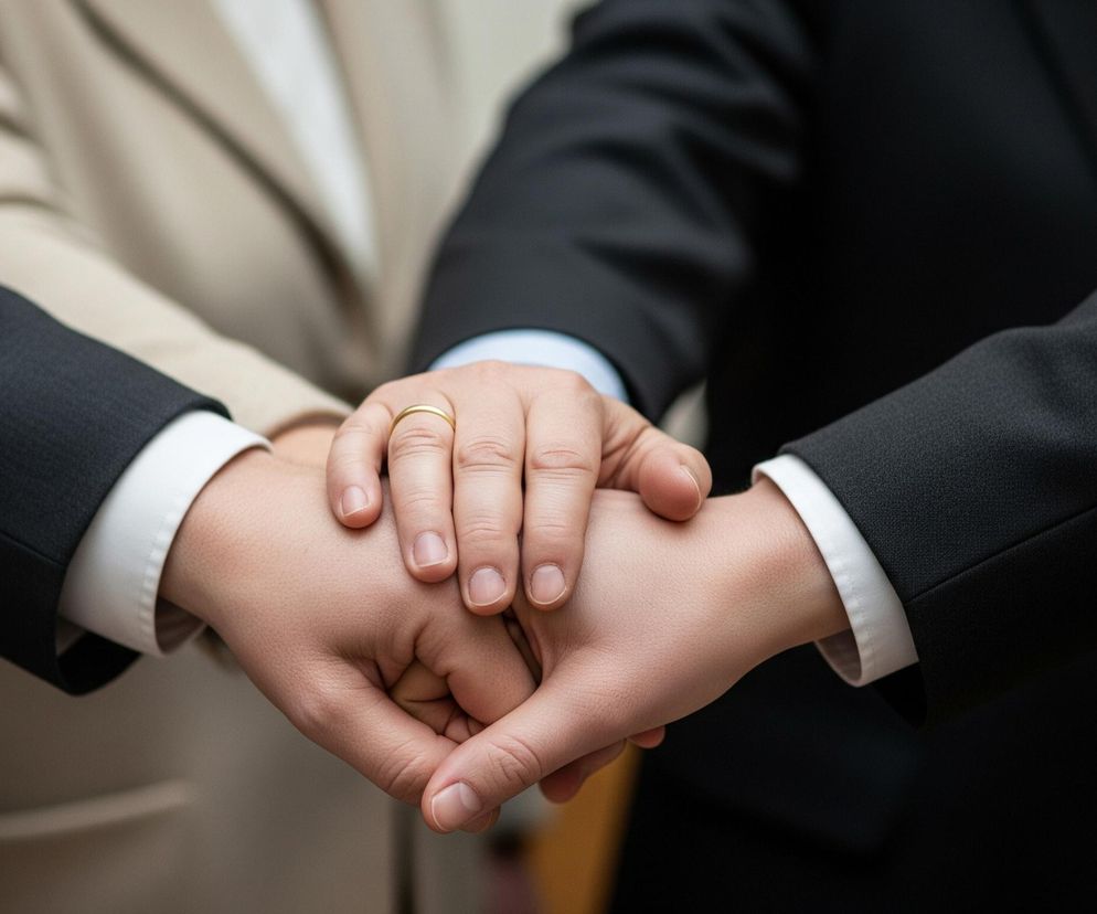 Cztery dłonie układają się jedna na drugiej, tworząc stos. Na samej górze leży dłoń ozdobiona złotym pierścionkiem na palcu serdecznym. Trzy osoby ubrane są w formalne stroje, składające się z marynarek w kolorach czarnym i beżowym, z białymi mankietami koszul widocznymi spod rękawów. Tło jest rozmyte, z niewyraźnymi odcieniami beżu i granatu, sugerującymi wnętrze.