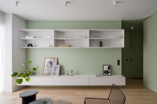 Małe mieszkanie w rozbielonej zieleni