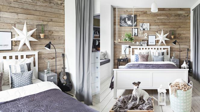 Ściana w sypialni: drewno z recyklingu