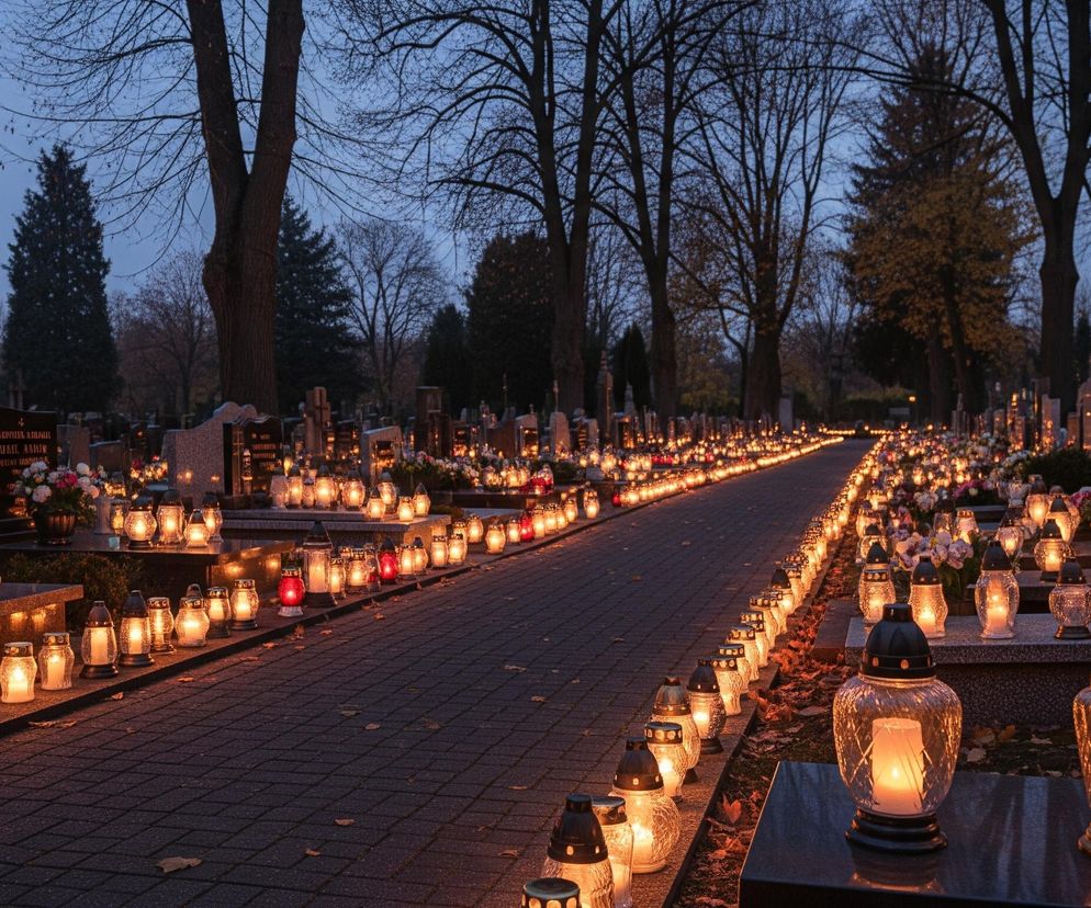 Krótka brukowana ścieżka cmentarna, lekko oświetlona pomarańczowym blaskiem wielu zapalonych zniczy, prowadzi w głąb obrazu. Znicze ustawione są w rzędach po obu stronach ścieżki, na nagrobkach i bezpośrednio na ziemi, tworząc świetlisty szlak. Po bokach ścieżki widać liczne nagrobki z kamienia, niektóre ozdobione bukietami sztucznych kwiatów. Tło stanowią ciemne sylwetki bezlistnych drzew i kilku iglastych, które rysują się na tle granatowego, wieczornego nieba.