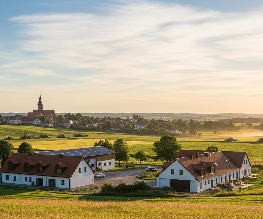 Dominują rozległe, zielone pola uprawne rozświetlone ciepłym światłem zachodzącego słońca, tworząc malowniczy krajobraz wiejski. W oddali widoczne jest miasteczko z charakterystycznym kościołem o wysokiej, spiczastej wieży, otoczone drzewami. Na polach pracują maszyny rolnicze, a dym lub kurz unosi się za niektórymi z nich, dodając dynamiki scenie. Na pierwszym planie po prawej stronie znajduje się duży, biały budynek z brązowym dachem i licznymi oknami, obok którego parkują samochody, zaś po lewej mniejszy biały budynek, również z brązowym dachem.