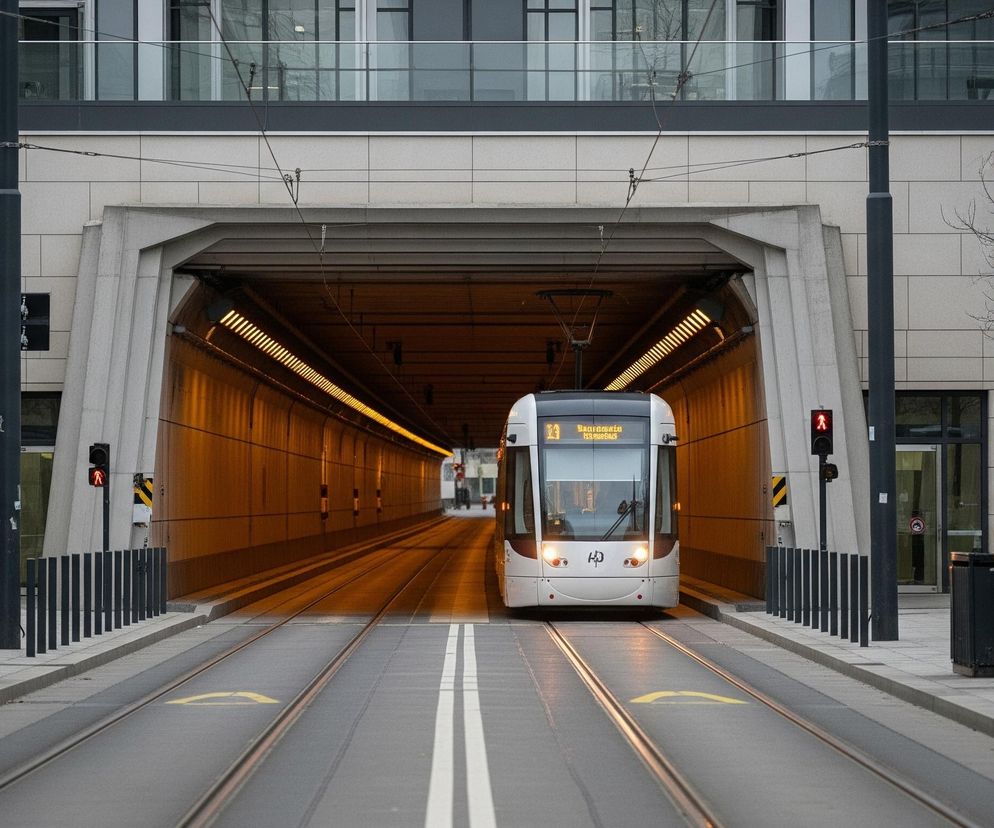 Biały tramwaj z włączonymi przednimi światłami wyjeżdża z oświetlonego pomarańczowym światłem tunelu. Na jego trasie widoczne są dwa tory tramwajowe z żółtym oznaczeniem strzałki skierowanej w prawo na asfalcie. Po obu stronach torów rozciąga się szary chodnik, wzdłuż którego stoją ciemne słupy i latarnie, a także dwa czerwone światła sygnalizacyjne dla pieszych. W tle, nad tunelem, znajduje się nowoczesny budynek z jasną elewacją i licznymi oknami, odzwierciedlającymi niebo.