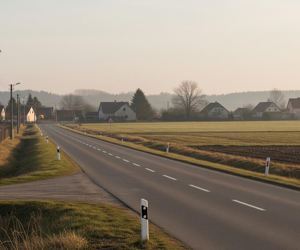 Asfaltowa droga biegnie od lewego dolnego rogu ku centrum, a następnie zakręca lekko w prawo, ciągnąc się w dal. Wzdłuż lewej strony drogi widoczne są słupy energetyczne z przewodami i latarniami, oraz metalowe ogrodzenie za nimi. Po prawej stronie drogi rozciągają się pola uprawne, częściowo zielone, częściowo zaorane, a wzdłuż nich rozmieszczone są biało-czarne słupki odblaskowe. W tle, za polami, znajdują się domy jednorodzinne z czerwonymi dachami, otoczone drzewami, a horyzont zamyka pasmo lasu, wszystko skąpane w delikatnym, jasnym świetle.