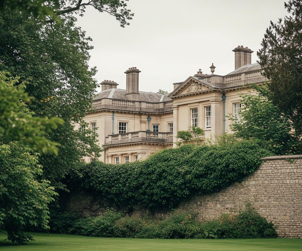 Na pierwszym planie rozciąga się soczyście zielony, przystrzyżony trawnik. Za nim widoczny jest kamienny mur o nieregularnym ułożeniu kamieni, częściowo pokryty gęstą, ciemnozieloną roślinnością pnącą, która tworzy bujną, falującą zieloną ścianę. Nad murem wyłania się fragment okazałego, jasnego budynku z kremową elewacją, wyposażonego w liczne okna z białymi szprosami, balkony z balustradami, a na dachu widoczne są kominy i ozdobne detale architektoniczne, takie jak fronton z rzeźbionym wzorem. Po lewej stronie i w prawym górnym rogu obrazu, drzewa o gęstych, zielonych liściach otaczają posiadłość, tworząc naturalne ramy dla widoku.