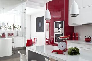 Nowoczesne wnętrza domu w trzech kolorach: białym, szary i czerwonym