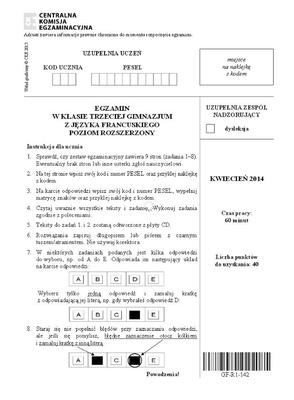 EGZAMIN GIMNAZJALNY 2014 JĘZYK FRANCUSKI - ARKUSZE z CKE poziom ROZSZERZONY