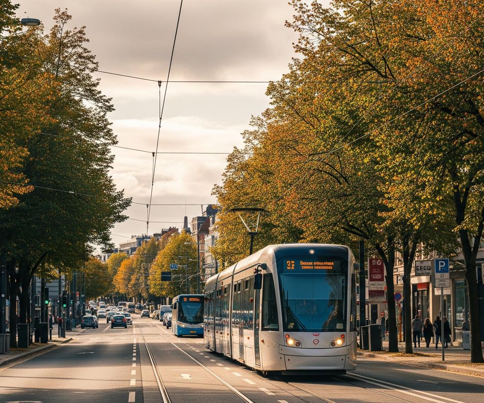 Na pierwszym planie, z prawej strony, jedzie nowoczesny biało-szary tramwaj z pomarańczowym numerem 32 i migającym wyświetlaczem. Droga przed nim ma dwa tory tramwajowe i jest otoczona drzewami o liściach w jesiennych odcieniach zieleni i żółci. Po obu stronach drogi znajdują się chodniki, na których widać przechodniów i zaparkowane samochody, a także budynki z witrynami sklepowymi. W oddali widać niebieski autobus oraz inne pojazdy na ulicy, a horyzont zamyka pasmo miejskich budynków pod lekko zachmurzonym niebem.