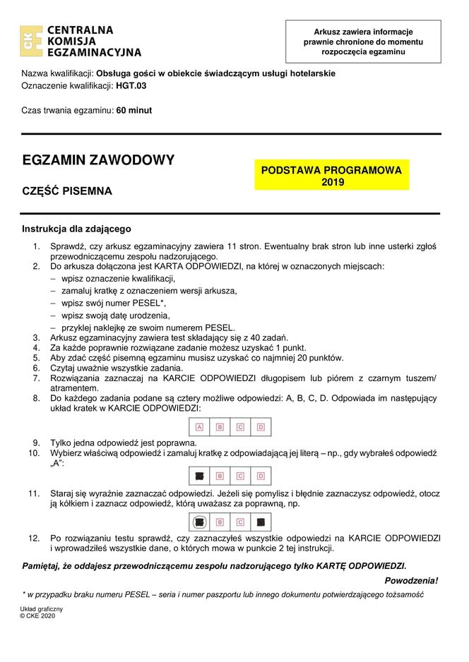 Egzamin zawodowy technik hotelarstwa - przykładowe zadania. Nazwa kwalifikacji: Obsługa gości w obiekcie świadczącym usługi hotelarskie