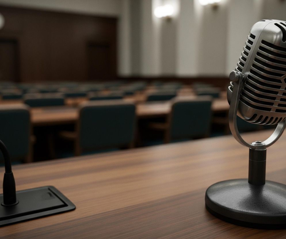 Na pierwszym planie, z prawej strony, stoi chromowany mikrofon w stylu retro, z charakterystyczną kratką osłaniającą przetwornik. Mikrofon spoczywa na czarnej, okrągłej podstawie i jest podłączony czarnym kablem. Po lewej stronie, na tym samym drewnianym blacie, widoczna jest czarna, prostokątna podstawka z giętkim ramieniem, prawdopodobnie również mikrofonem lub lampką. Tło stanowi puste pomieszczenie z rzędami drewnianych stołów i ciemnozielonych krzeseł, a dalsza ściana jest jasna z pionowymi lampami i ciemnymi drzwiami.