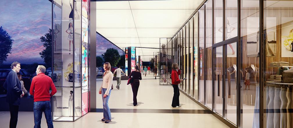 Wizualizacja centrum handlowego Miejsce Piastowe - nowa inwestycja w województwie podkarpackim. Autorem projektu architektonicznego jest Pracownia architektoniczna B.P. Niebudek