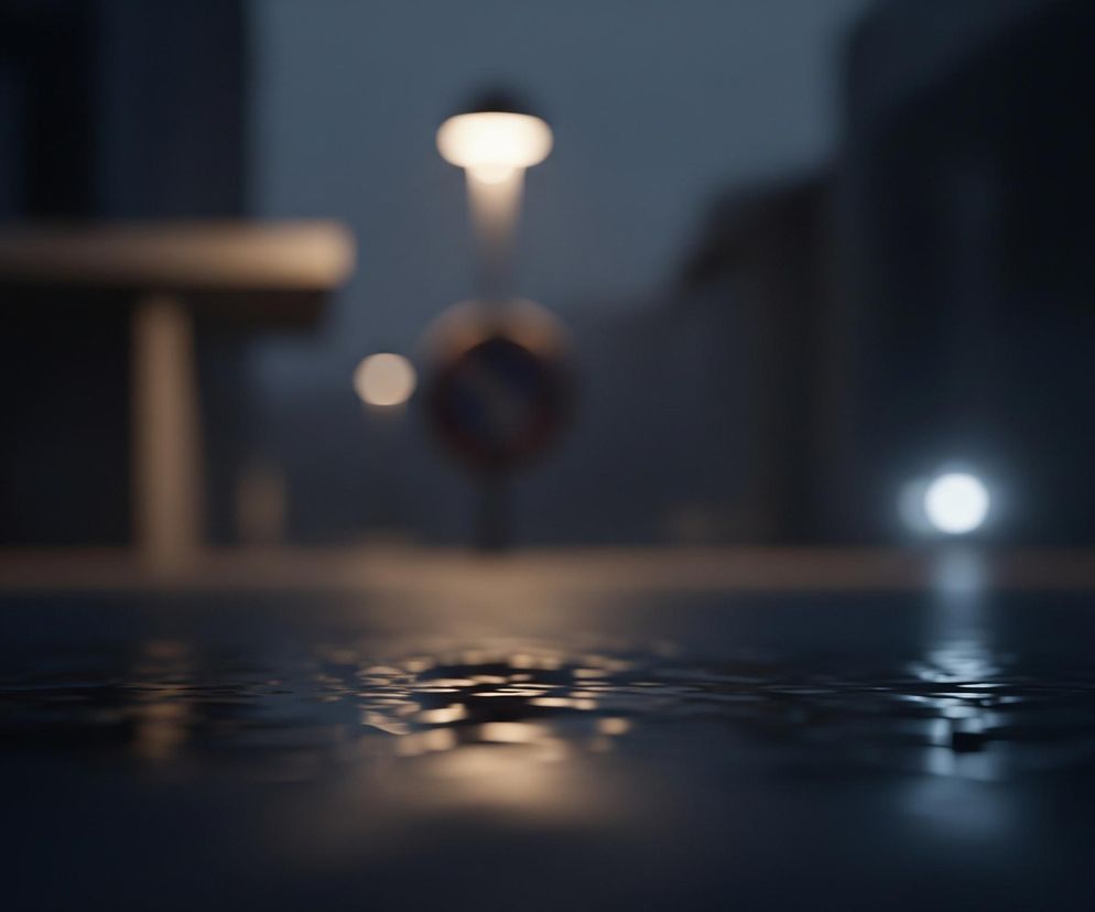Przód obrazu zajmuje ciemna, mokra nawierzchnia, na której odbijają się rozproszone światła. Z lewej strony widoczny jest pionowy, ciemny element, który delikatnie rozjaśnia się na prawej krawędzi. W oddali, w centrum kadru, widać rozmazane, jasne źródło światła, prawdopodobnie latarnię, a poniżej niej ciemny, okrągły kształt. Po prawej stronie, dalej w tle, znajduje się kolejne, mniejsze, jasne źródło światła. Całe tło jest rozmyte i utrzymane w odcieniach szarości i ciemnego błękitu, sugerując nocne lub zmierzchowe otoczenie.