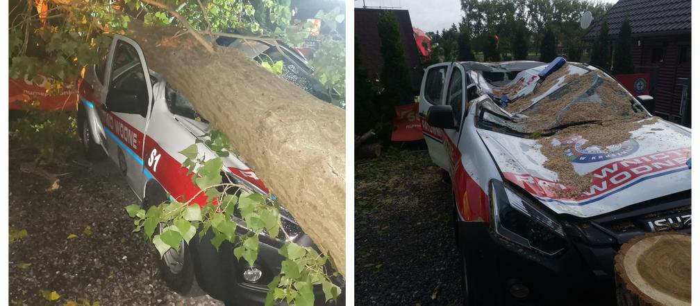 Powalone drzewo zniszczyło auto Nadgoplańskiego WOPR Kruszwica