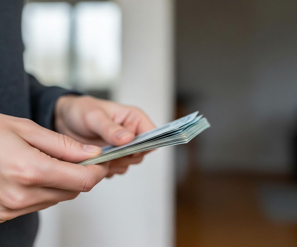 Młoda osoba trzyma w dłoniach stos banknotów, prawdopodobnie licząc je lub segregując. Dłonie o jasnej karnacji, na których widoczne są delikatne żyłki, obejmują banknoty o niebiesko-zielonych odcieniach, skierowane stroną z nominałami w górę. Osoba ma na sobie ciemny, szary sweter o wyraźnej fakturze. Tło jest rozmyte, z jasnym, rozświetlonym oknem w górnej części po prawej stronie oraz ciemniejszą, niewyraźną przestrzenią z elementami przypominającymi meble w dolnej części, co sugeruje wnętrze pomieszczenia.