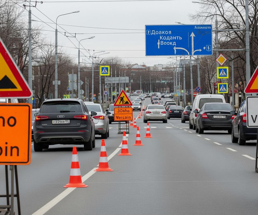 Na pierwszym planie widoczne są dwa pomarańczowe znaki drogowe z czarnymi napisami, oraz jeden duży trójkątny znak ostrzegawczy z czerwonym obramowaniem i żółtym tłem, przedstawiający czarną sylwetkę człowieka z łopatą. Po prawej stronie drogi stoi podobny trójkątny znak, ale z symbolem zwężającej się jezdni. Pomiędzy pasami ruchu ustawione są pomarańczowo-białe pachołki drogowe, prowadzące do kolejnego pomarańczowego znaku drogowego. Droga w tle jest zapełniona samochodami, głównie ciemnymi sedanami i SUV-ami, a nad nimi widać niebieski znak kierunkowy z białymi strzałkami i tekstem w języku cyrylicy. Tło stanowią liczne gołe drzewa i latarnie uliczne pod pochmurnym niebem.