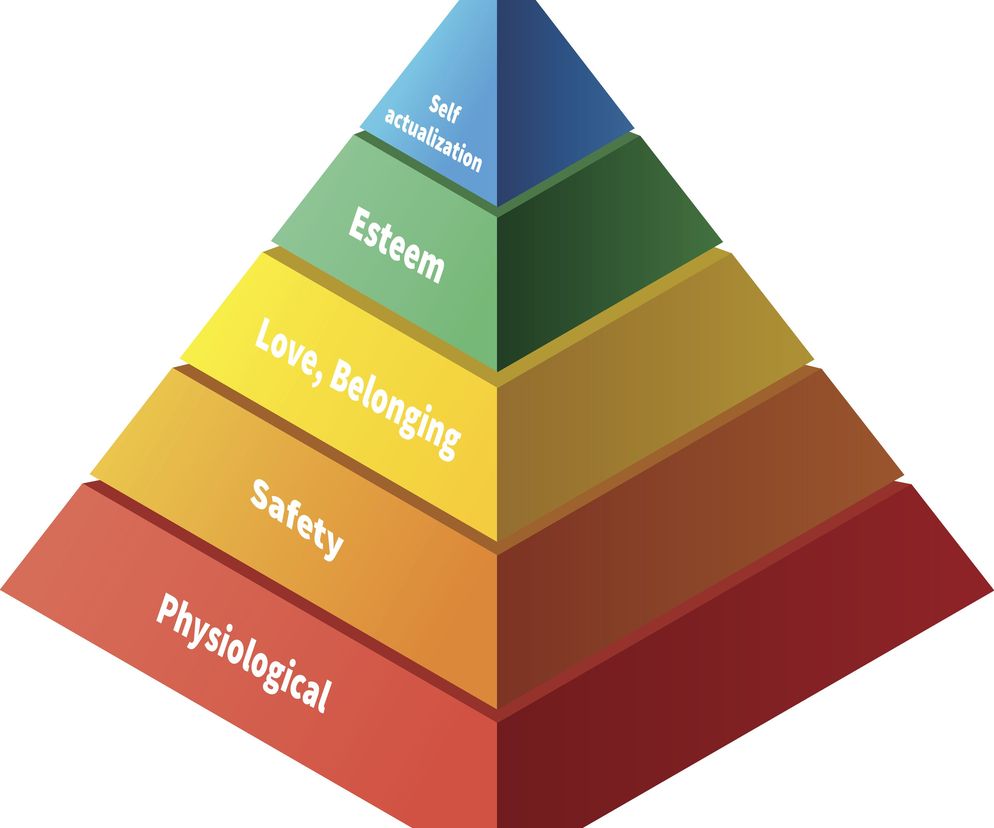 U podstaw piramidy Maslowa leżą najbardziej podstawowe potrzeby, do których po kolei dochodzą kolejne. Zaczyna się pod potrzeb fizjologicznych i bezpieczeństwa, przez miłość i przynależność, po szacunek i uznanie oraz samorealizację.