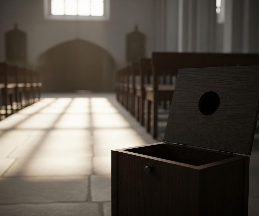 Na pierwszym planie, po prawej stronie, znajduje się otwarty, ciemnobrązowy drewniany pojemnik, przypominający skrzynię, z okrągłym, czarnym otworem w uchylonej pokrywie. W tle rozciąga się długie, przestronne wnętrze, z rzędami drewnianych ławek ustawionych po obu stronach centralnej nawy. Na podłodze nawy widoczne są jasne, prostokątne plamy światła wpadającego przez wysokookienne okna umieszczone na górze odległej ściany, a z tyłu architektoniczny element w kształcie łuku.