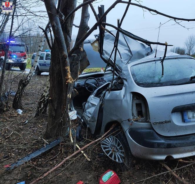 Tragiczny wypadek w Zrąbie w pow. zamojskim. Auto roztrzaskało się na drzewie