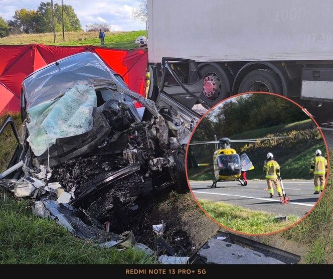 Osobówka zmiażdżona przez tira. W środku zakleszczony 40-latek. Nie udało sięgo ocalić