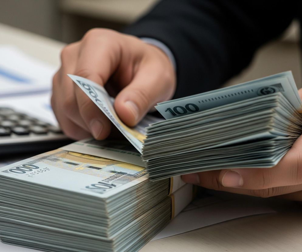 Osoba z bliska licząca plik banknotów studolarowych, leżących na stole obok kolejnych stosów pieniędzy oraz kalkulatora i dokumentów. Grafika symbolizuje finansowanie dla rolników i oferty wsparcia, o których możesz przeczytać na Super Biznes.