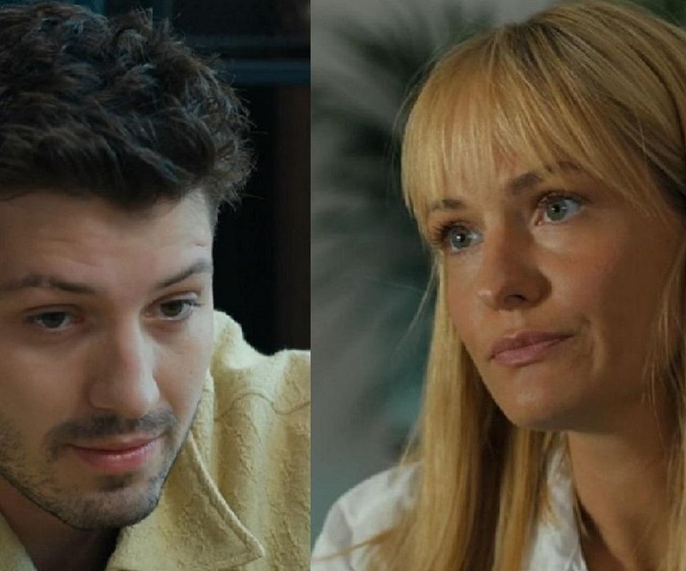 Jasper Sołtysiewicz jako Justin i Michalina Robakiewicz jako Ola, w zbliżeniu na twarze, rozdzielone pionową linią. Mężczyzna w beżowej koszuli, kobieta w białej, z długimi, blond włosami i grzywką. Oboje spoglądają z zamyśleniem. Więcej o ich losach w Barwach szczęścia na Super Seriale.