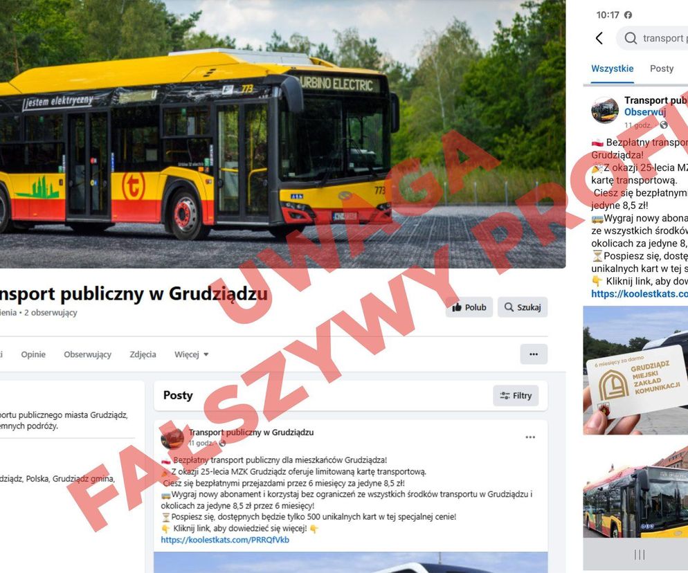 Fałszywy profil o transporcie publicznym w Grudziądzu. Uwaga na oszustów! 