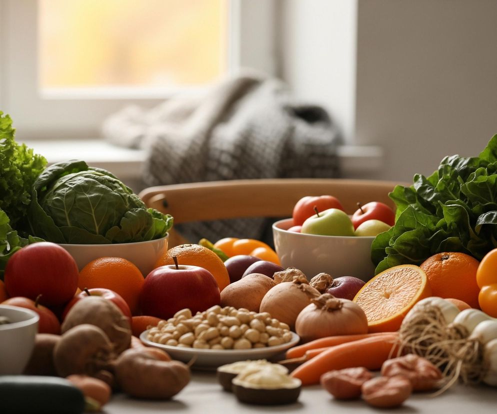 Na pierwszym planie, centralnie, na jasnym blacie stołu, znajduje się obfity zbiór świeżych warzyw i owoców, wypełniając niemal całą szerokość kadru. Dominują intensywne zielenie liściastych warzyw, takich jak sałata i szpinak, ułożone w misach i swobodnie na blacie, oraz jaskrawe czerwienie jabłek i pomidorów. Pomiędzy nimi widoczne są pomarańcze, żółta papryka, marchewki, cebule, ziemniaki, a także miseczki z orzechami, ciecierzycą i innymi drobnymi produktami. W tle, częściowo rozmyte, widoczne jest okno, przez które wpada naturalne światło, ukazując zieleń rośliny w doniczce po lewej stronie i miękki, beżowy koc po prawej.