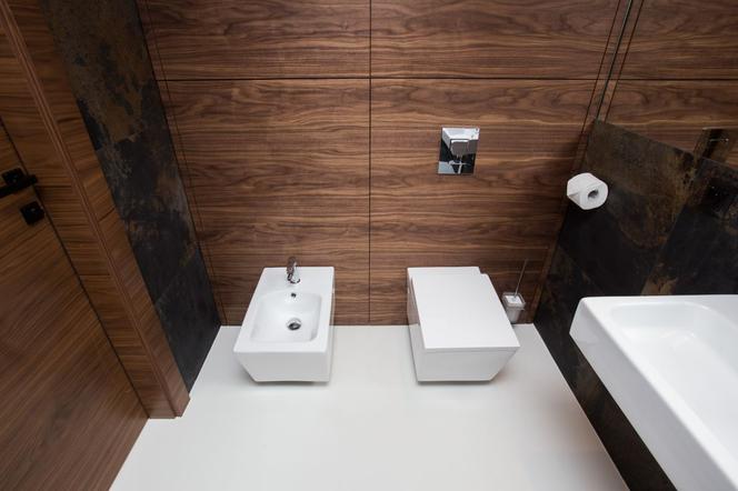 Drewniana zabudowa w nowoczesnej łazience
