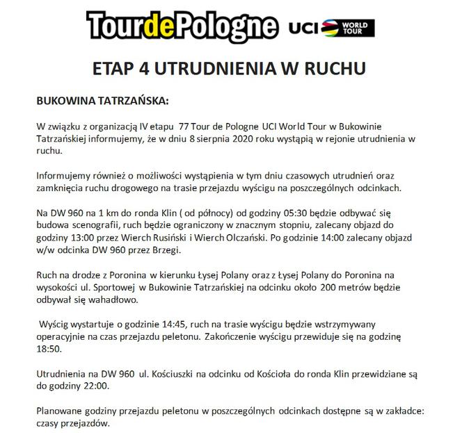 Utrudnienia Bukowina Tatrzańska Tour de Pologne 2020