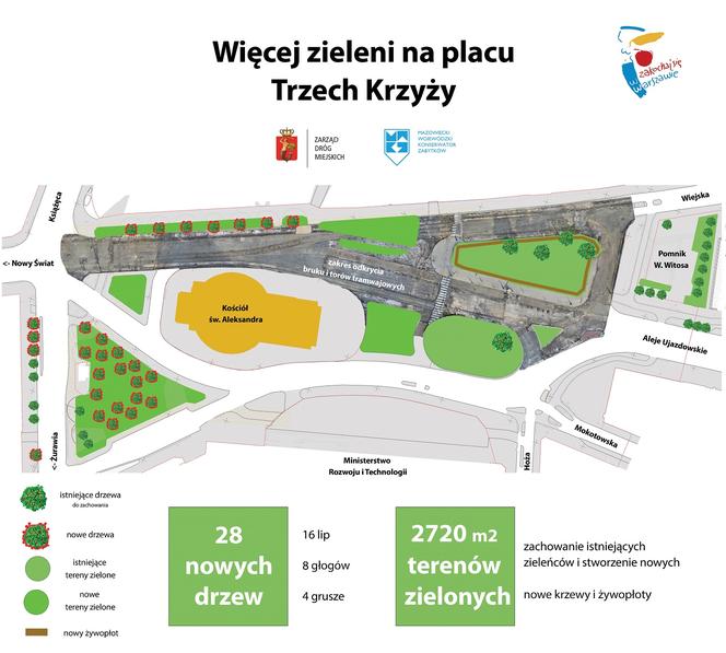 Zielony plac Trzech Krzyży. Konserwator zgodził się na 28 nowych drzew