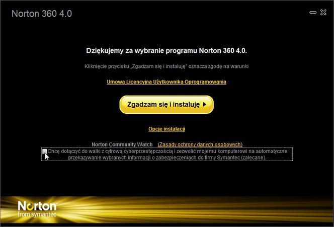 Polski Norton 360 4.0 - ekran instalacji