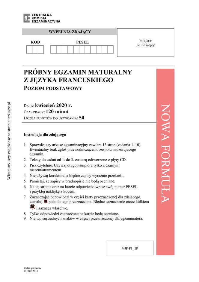 Matura 2020: Język francuski próbny Arkusze CKE