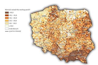 Ile ludzi chodzi do kościoła w województwie śląskim MAPY