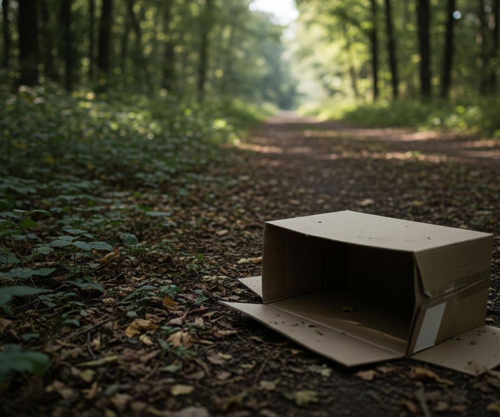 Otwarty karton w kolorze jasnobrązowym leży na ziemi po prawej stronie kadru. Jego klapy są rozłożone na boki, a wnętrze kartonu jest widoczne. Obiekt spoczywa na ciemnobrązowej, leśnej ścieżce pokrytej suchymi liśćmi i niewielkimi fragmentami roślinności. Po lewej stronie ścieżki rozciąga się gęsty, zielony krzew, natomiast w oddali, wzdłuż rozmytej perspektywy ścieżki, widać jasne światło przebijające się przez zielone liście drzew, które otaczają las.