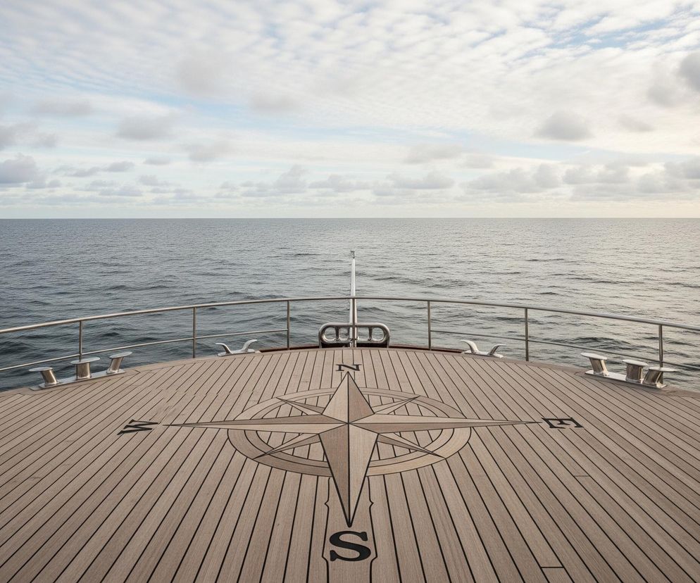 Dziób jachtu zajmuje dolną część kadru, z drewnianym pokładem ozdobionym dużą, stylizowaną różą wiatrów z literami 'N', 'S', 'E', 'W' wskazującymi kierunki świata. Metalowe relingi okalają krawędzie pokładu, oddzielając go od ciemnych, falujących wód oceanu. Na horyzoncie, gdzie woda łączy się z niebem, rozciąga się linia, a powyżej niej widoczne są rozproszone, jasne chmury na bladoniebieskim niebie.