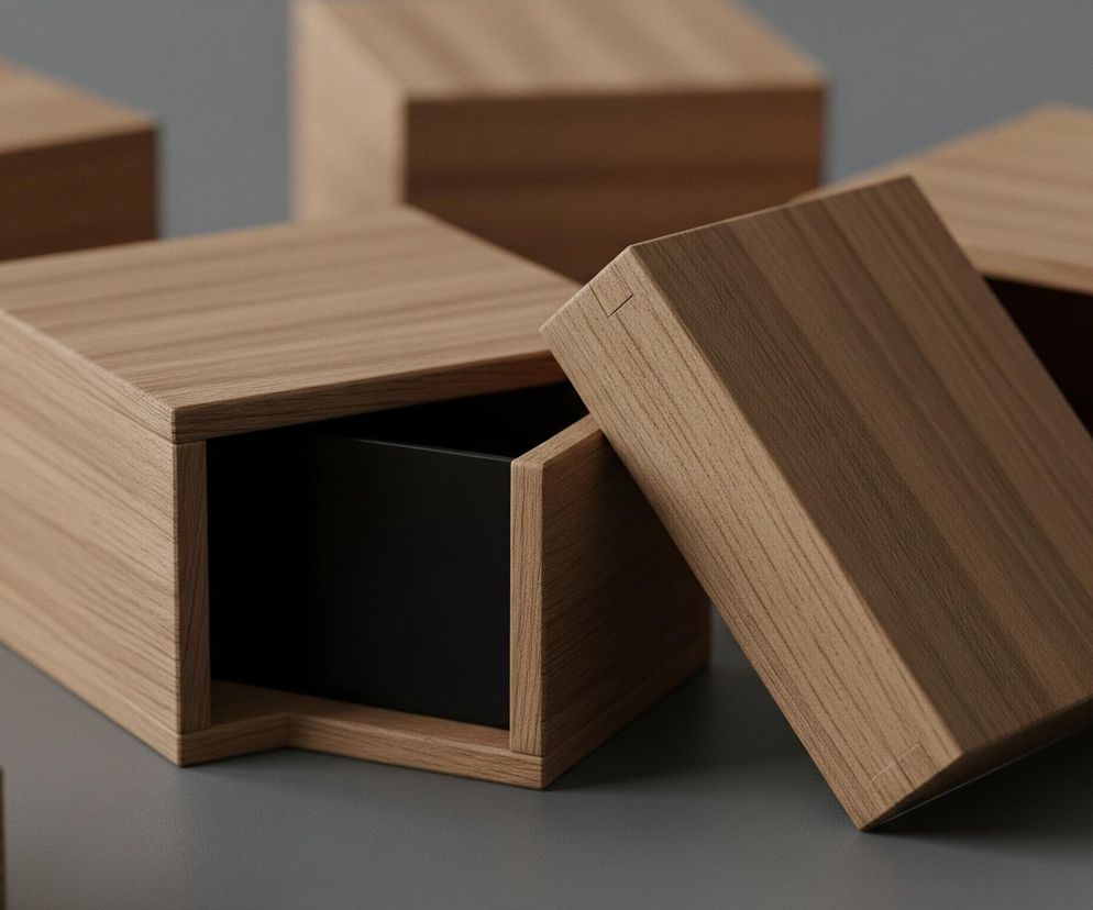Na szarej, jednolitej powierzchni rozłożonych jest sześć pudełek o prostych, geometrycznych kształtach. W centralnej części kadru znajduje się otwarte pudełko z jasnobrązowego drewna o wyraźnej, poziomej fakturze słojów, z czarnym wnętrzem. Wieczko tego pudełka jest zdjęte i opiera się bokiem o jego korpus, ukazując charakterystyczne łączenia na narożnikach. Pozostałe pudełka, również wykonane z drewna, są zamknięte i częściowo rozmyte, co tworzy płytką głębię ostrości.