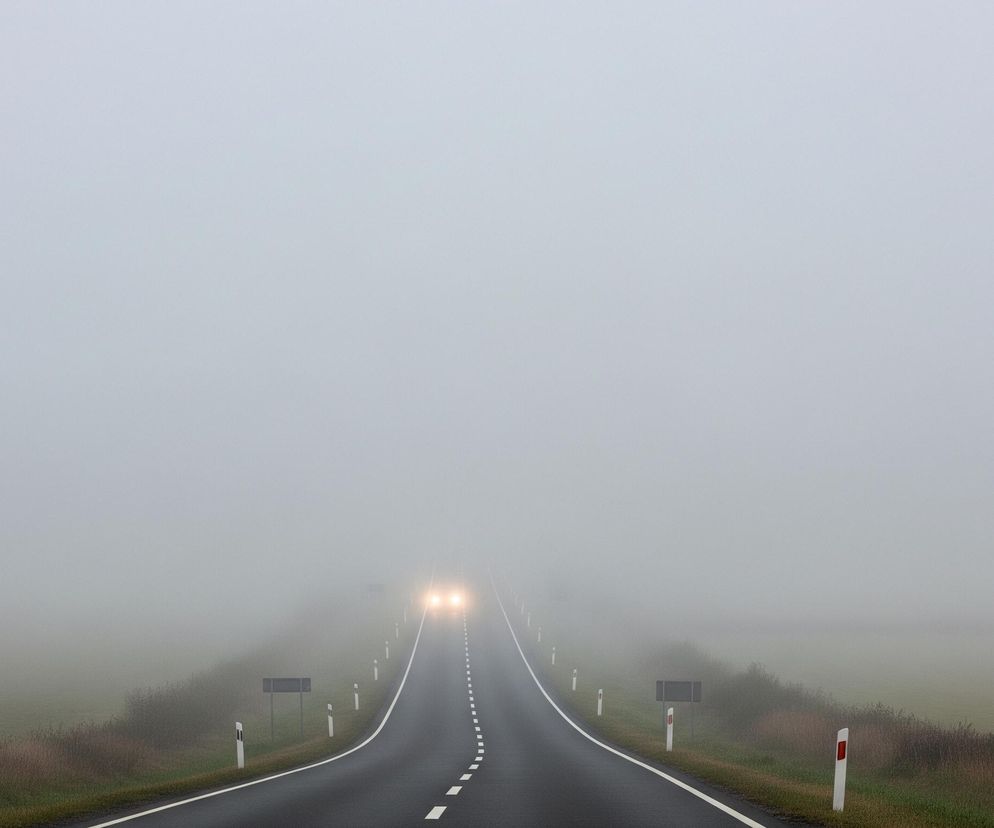 Ciemna, asfaltowa droga biegnie prosto przez środek kadru, znikając w gęstej, szarej mgle. Na drodze widać dwie świecące, pomarańczowe lampy, zbliżającego się pojazdu. Po obu stronach jezdni stoją biało-czerwone słupki drogowe oraz ciemne, puste tablice informacyjne. Pas zielonej, niskiej roślinności oddziela drogę od mglistego krajobrazu w oddali.