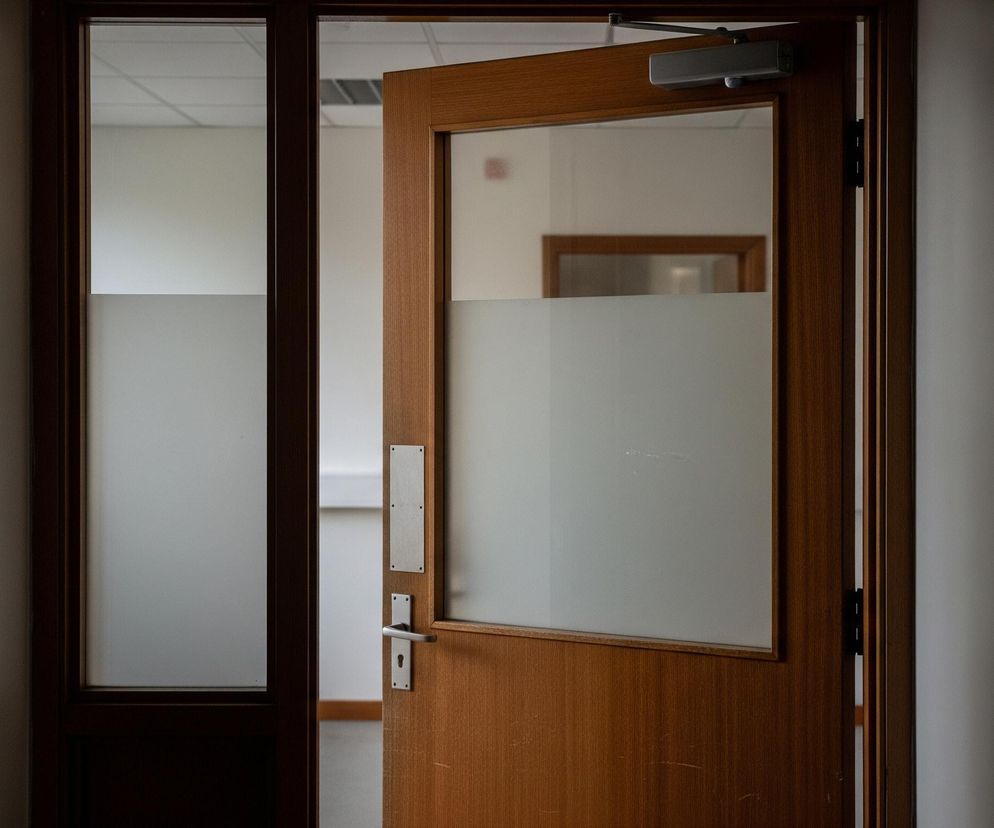 Uchylone drewniane drzwi z matowymi szybami zajmują centralną i prawą część kadru, otwierając się na jasne wnętrze. Górna część drzwi wyposażona jest w srebrny samozamykacz, a na wysokości klamki znajduje się srebrny uchwyt i płyta ochronna. Po lewej stronie drzwi widoczny jest stały panel ze szkła, również z matową folią w dolnej części, osadzony w ciemniejszej drewnianej ramie. Tło za drzwiami ukazuje fragmenty jasnego korytarza lub pomieszczenia z sufitem panelowym i kratką wentylacyjną, a także odbicie fragmentu brązowej futryny w oddali.