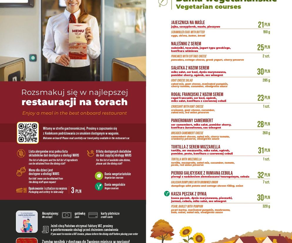 Menu w wagonie restauracyjnym Wars PKP Intercity