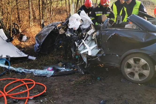 KOSZMARNY wypadek w Łódzkiem. 21-latek wypadł z drogi, auto kompletnie ZMIAŻDŻONE