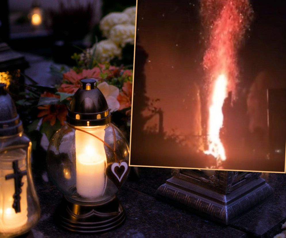 Znicz eksplodował na cmentarzu. Na nagraniu widać potężny słup ognia