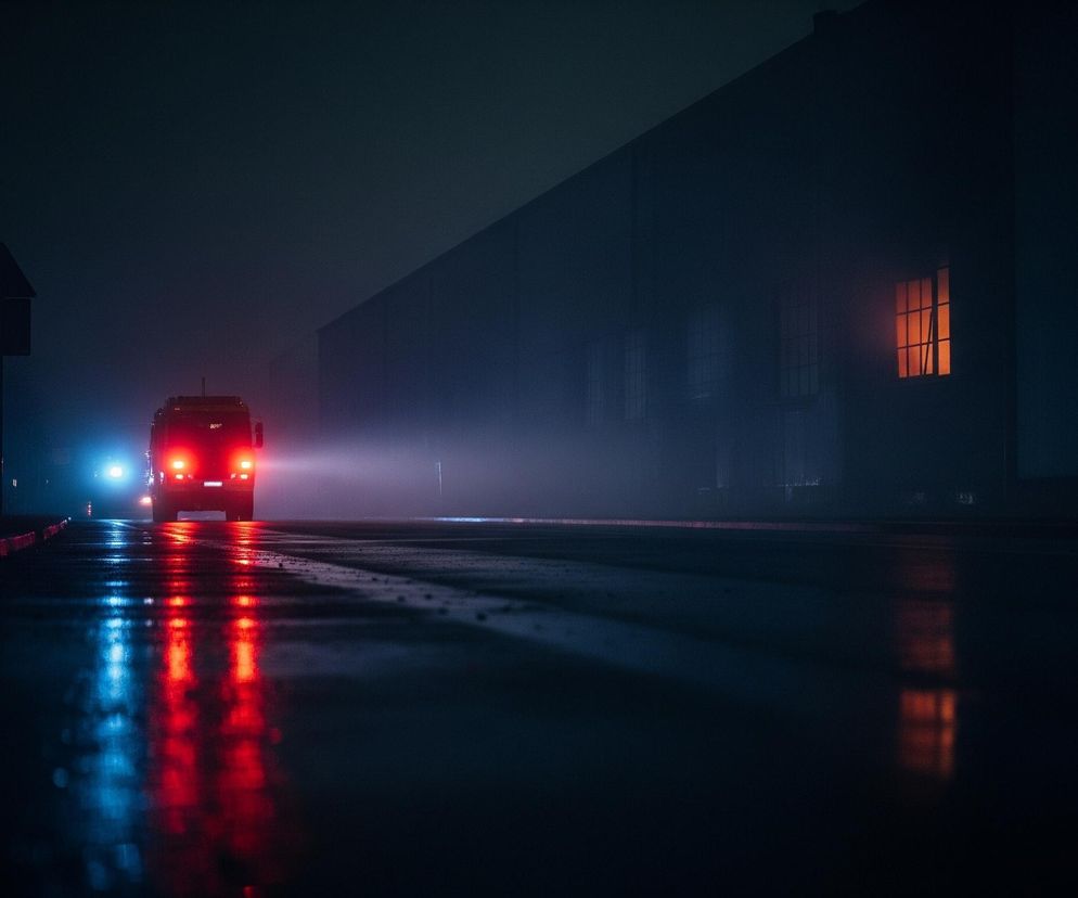 Na pierwszym planie, centralnie, widnieje tył czarnego samochodu, którego jaskrawe, czerwone światła pozycyjne i stopu intensywnie odbijają się w mokrej nawierzchni ulicy, tworząc rozmyte smugi. Przed pojazdem rozpościera się mgła, w której wyraźnie rysują się jasnoniebieskie światła przednie innego, niewidocznego samochodu, rozświetlające przestrzeń. Po prawej stronie drogi wznosi się ciemny, prosty budynek przemysłowy z pojedynczym, pomarańczowo-żółtym oknem, którego światło także lekko odbija się na ulicy. Po lewej stronie widoczne jest nagie drzewo oraz ciemny, trójkątny znak drogowy.