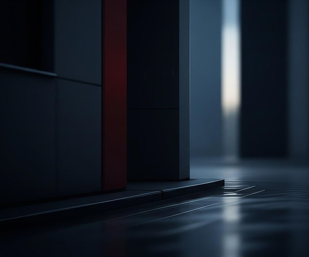 Głównym obiektem jest fragment architektury utrzymany w ciemnej, minimalistycznej estetyce. Po lewej stronie widać ciemnoszarą ścianę z poziomym panelem, a centralnie biegnie pionowy, wąski, matowy pas w kolorze ciemnej czerwieni, kontrastujący z otoczeniem. Na pierwszym planie widoczne są schody lub podwyższenie w ciemnych odcieniach szarości, z wyraźnymi krawędziami i odbijającym się światłem na gładkiej powierzchni podłogi. W tle, po prawej stronie, pojawiają się kolejne pionowe elementy architektoniczne i rozmyte światło wpadające z góry, tworzące jasną smugę.