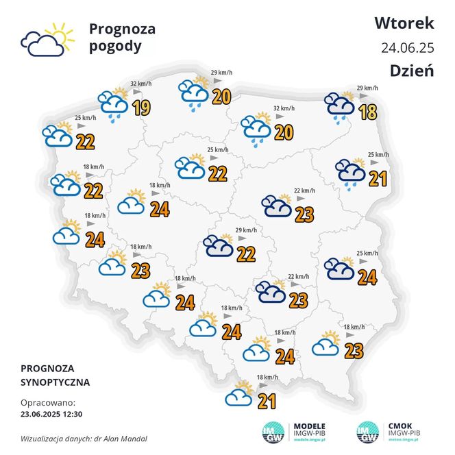 Pogoda na wtorek. Prognoza na 24 czerwca, zaprezentowana przez IMGW