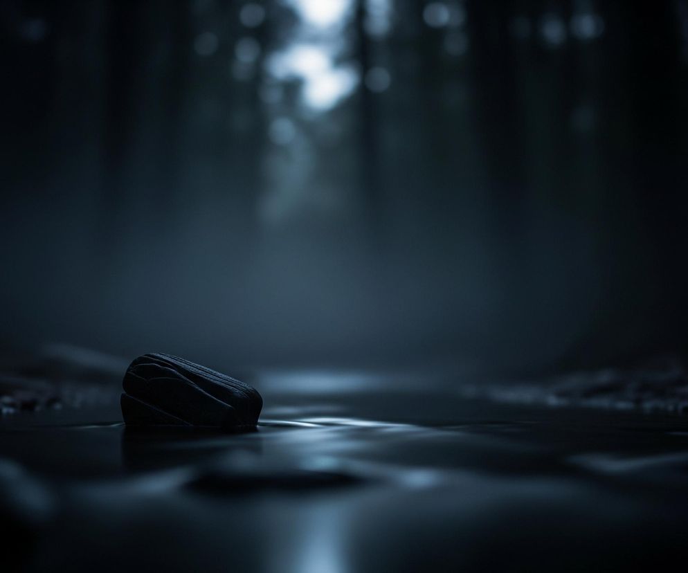 Na pierwszym planie, centralnie, leży ciemny kamień o nieregularnym, podłużnym kształcie, częściowo zanurzony w płytkiej wodzie. Woda odbija blade światło widoczne w głębi, tworząc świetlistą smugę pod kamieniem. Po obu stronach, bliżej krawędzi kadru, widoczne są fragmenty ciemnego, nierównego podłoża. Tło rozmyte, przedstawiające ciemny las z rozproszonymi, jasnymi punktami przypominającymi światło przenikające przez drzewa. Całość utrzymana jest w chłodnych, ciemnych odcieniach szarości i błękitu.