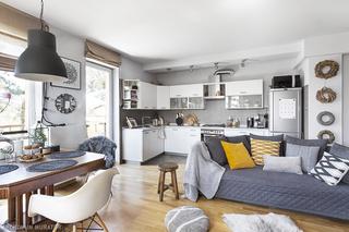 Salon z kuchnią w apartamencie w stylu skandynawskim