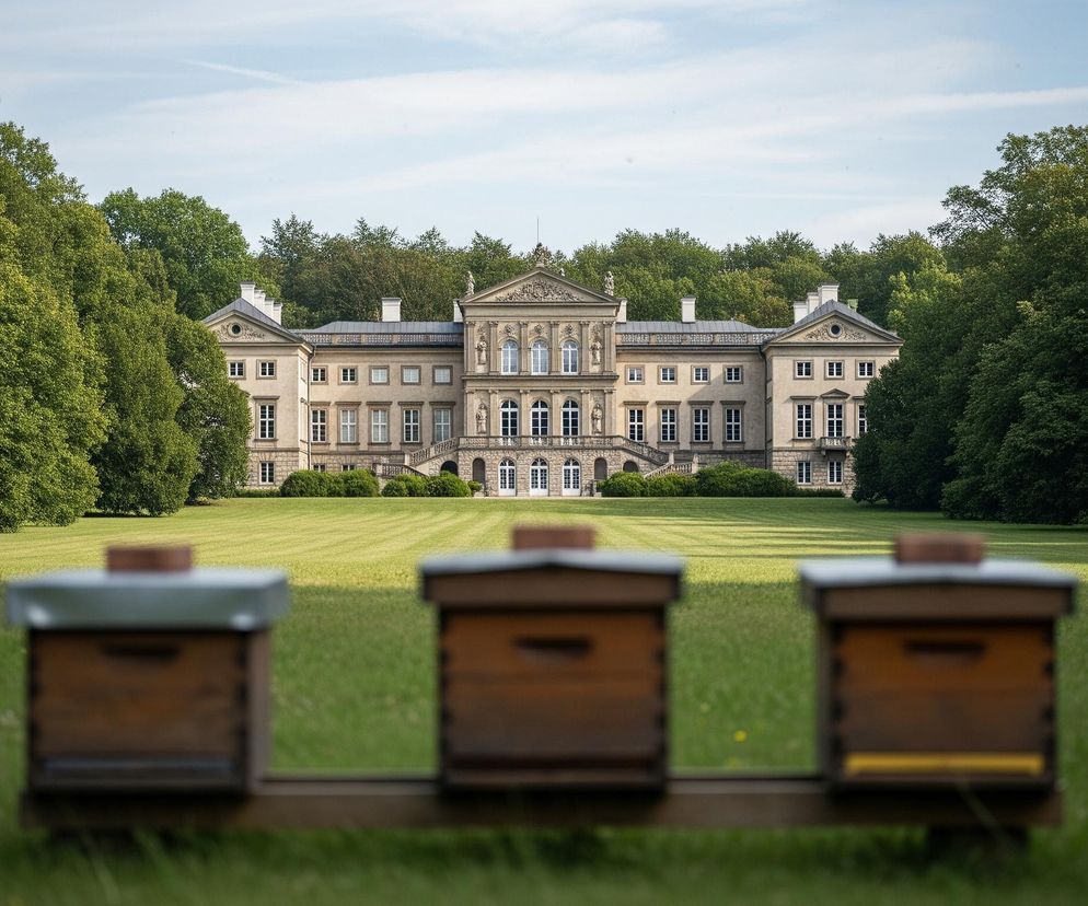 Na pierwszym planie, w dolnej części kadru, znajdują się trzy drewniane ule ustawione na podłużnej, ciemnej podstawie, rozmyte i lekko poza ostrością. Za nimi rozciąga się rozległy, równo skoszony trawnik o jasnozielonej barwie, poprzecinany delikatnymi, ciemniejszymi pasami. W głębi obrazu, w centrum, widoczny jest duży, beżowy pałac z licznymi oknami i ozdobnymi fasadami, otoczony gęstymi, zielonymi drzewami tworzącymi naturalne tło. Błękitne niebo z kilkoma delikatnymi smugami chmur wieńczy kompozycję.