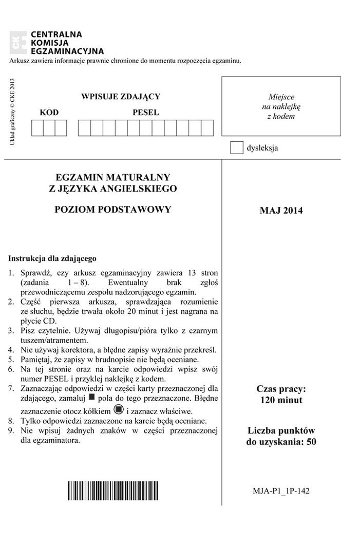 MATURA 2014 ANGIELSKI ARKUSZE z CKE - MAJ 2014 - poziom podstawowy