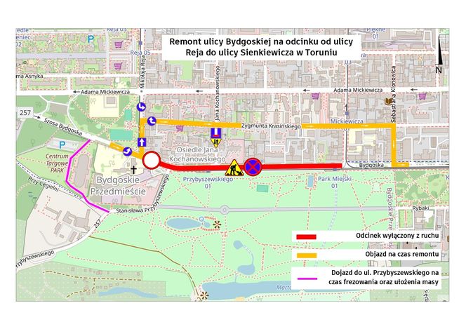 Objazdy podczas remontu ul. Bydgoskiej w Toruniu.